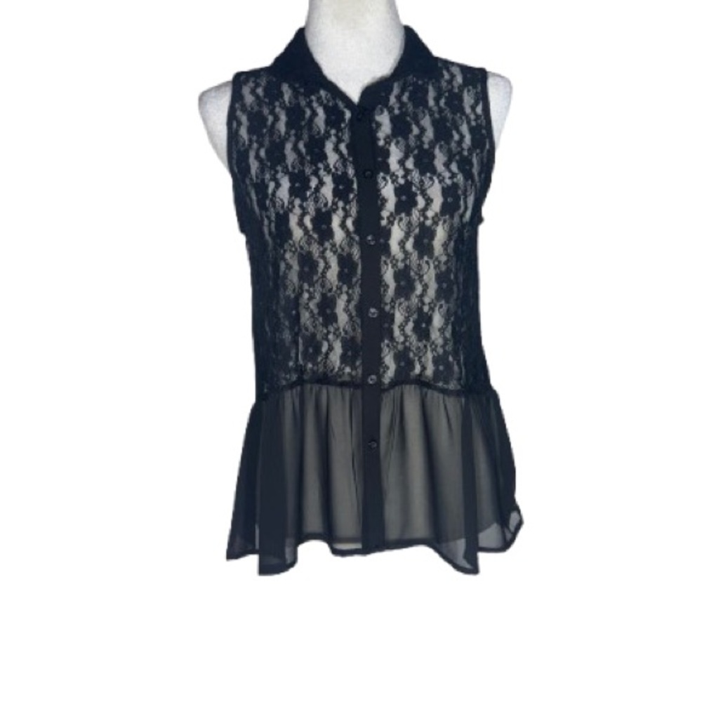 H&M Black Sheer Lace Sleeveless Button-Up Blouse Size 8